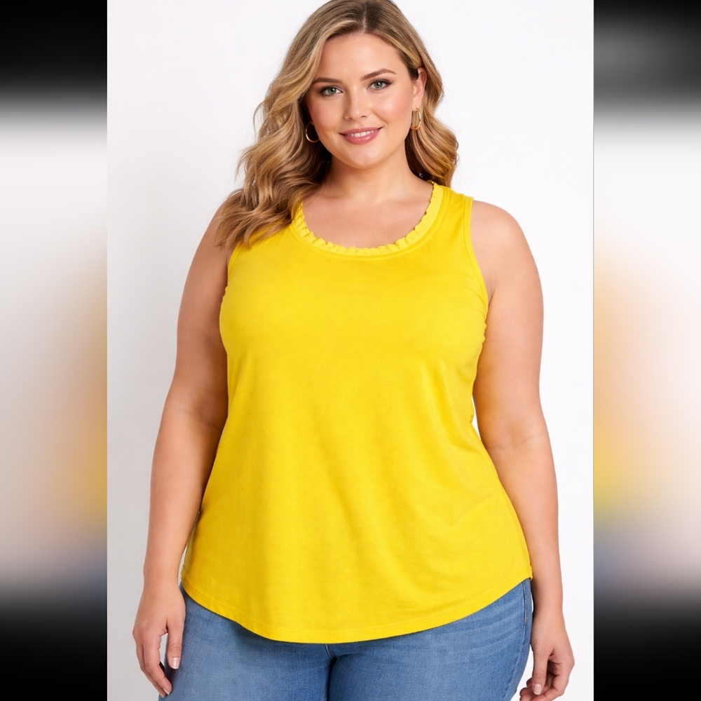 NWOT ISAAC MIZRAHI Womens 1X Chiffon Ruffle Sleeveless Yellow Tank Top A223317